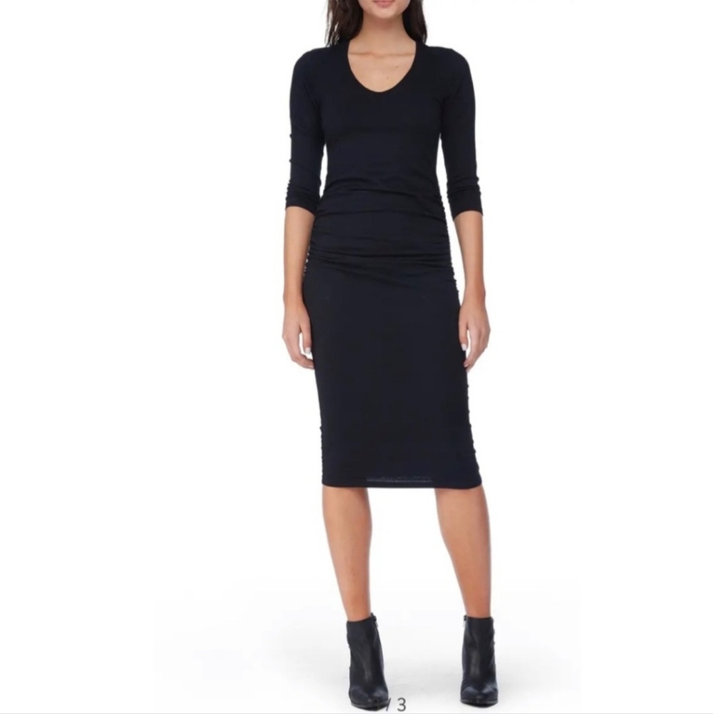 MICHAEL STARS Women's Black Ruched Sides Midi Cotton Stretch Dress Size XSP.